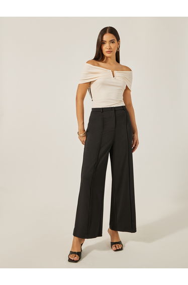 Mid Rise Wide Leg Pants with Pintuck Detail