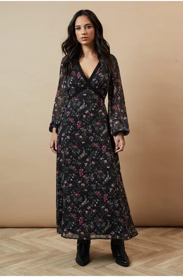 Floral Paisley Dobby Chiffon Lace Trim Maxi Dress