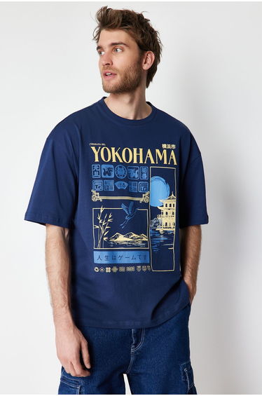 Navy Blue Men's Oversize Far East Printed 100% Cotton T-Shirt