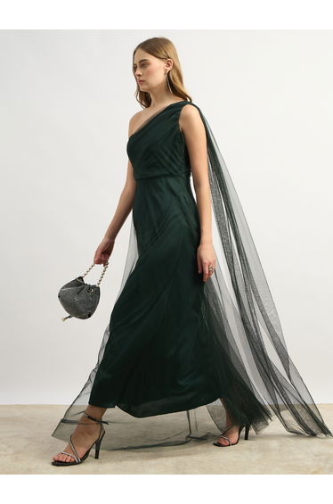 Mesh One-Shoulder A-Line Maxi Dress