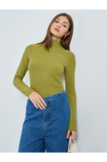 Green Ribbed Knit High Neck Top