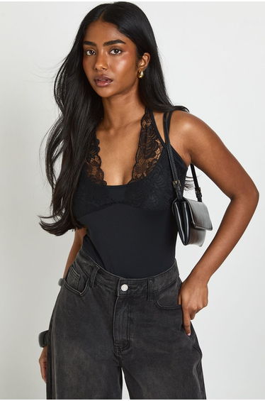 Matte Slinky Lace Trim Halter Neck Bodysuit - black