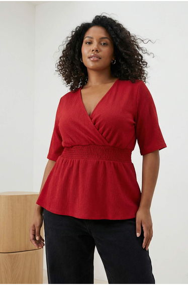 Red Double-Breasted Collar Gipe Detailed Knitted Large Size Blouse