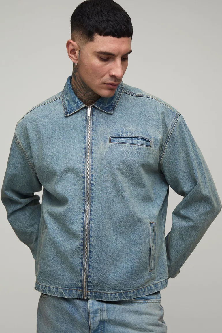 Tall Basic Boxy Denim Harrington Jacket - stonewash