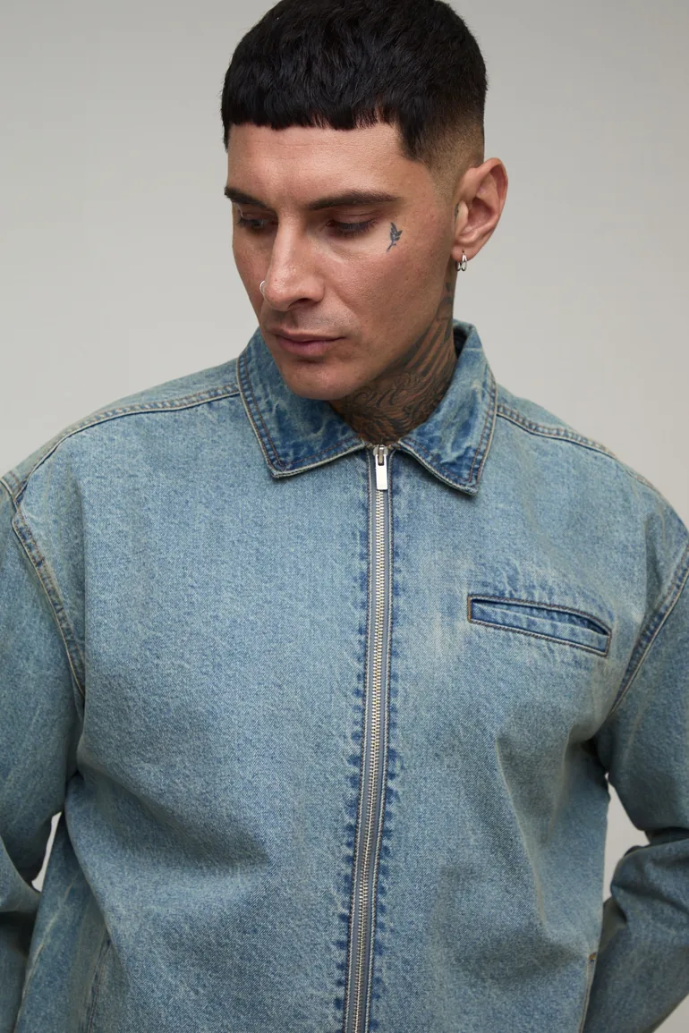 Tall Basic Boxy Denim Harrington Jacket - stonewash - 2