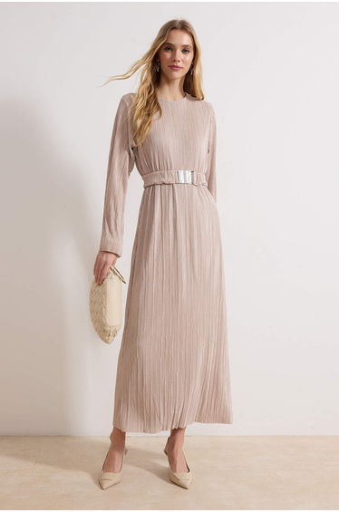 Gold Color Pleated Belt Detailed Knitted Dress