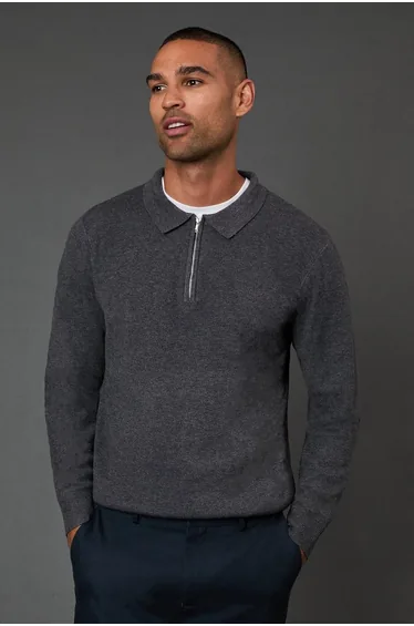 Charcoal Knitted Long Sleeve Zip Neck Polo Shirt