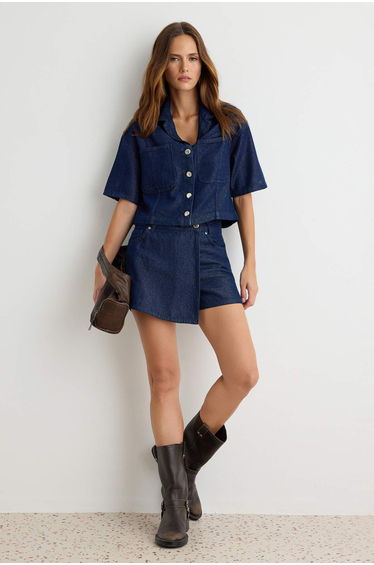 Dark Blue Tencel Blended Shirt Shorts Skirt Denim Bottom - Top Set