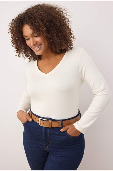 Ecru Premium Soft Fabric V-Neck Fitted/Fits Body Flexible Knit Plus Size