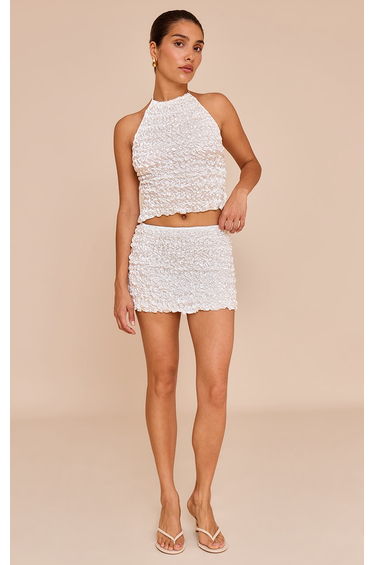 Petite White Textured Shirred Mini Skirt