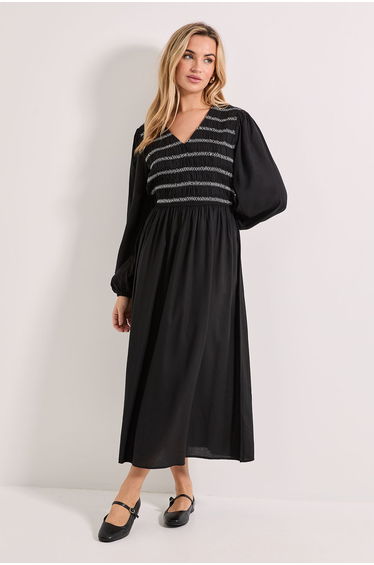 Contrast Stitching Shirred Bodice V Neck Midi Dress