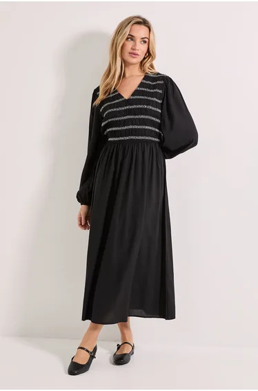 Contrast Stitching Shirred Bodice V Neck Midi Dress