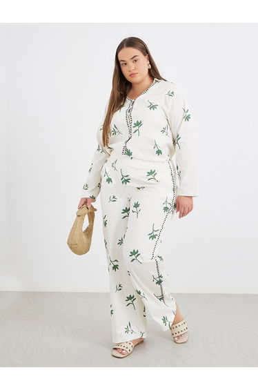 Plus Co-Ords Shirt with Floral Print and Wide Leg Pants