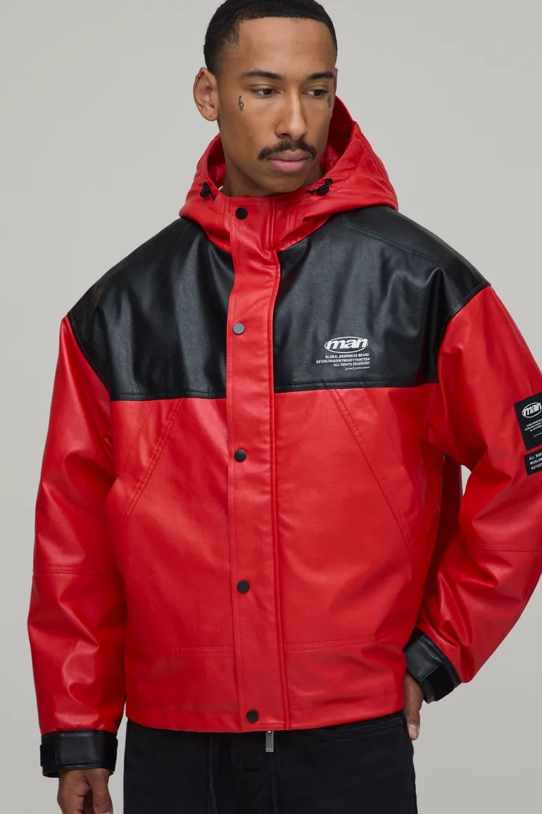 Oversized Boxy PU Colour Block Parka - red