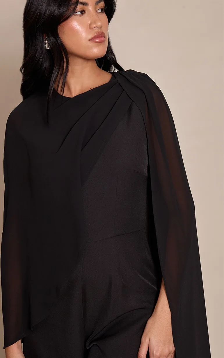 Black Chiffon Cape Detail Straight Leg Jumpsuit - 3
