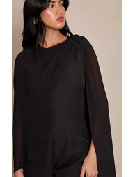 Black Chiffon Cape Detail Straight Leg Jumpsuit - 3