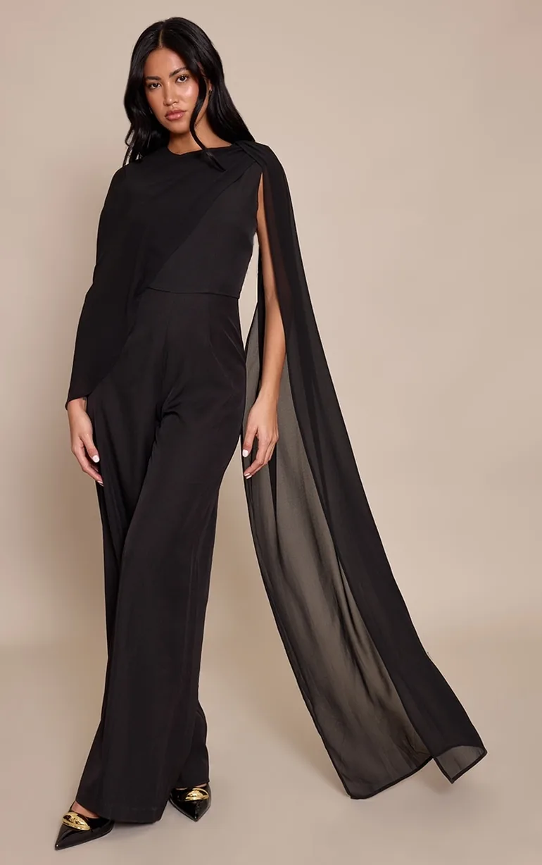 Black Chiffon Cape Detail Straight Leg Jumpsuit - 1