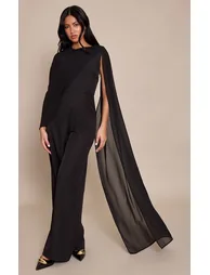 Black Chiffon Cape Detail Straight Leg Jumpsuit - 1