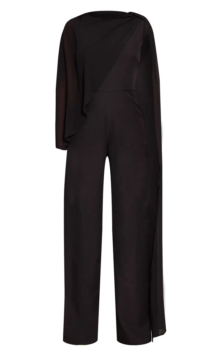 Black Chiffon Cape Detail Straight Leg Jumpsuit - 4