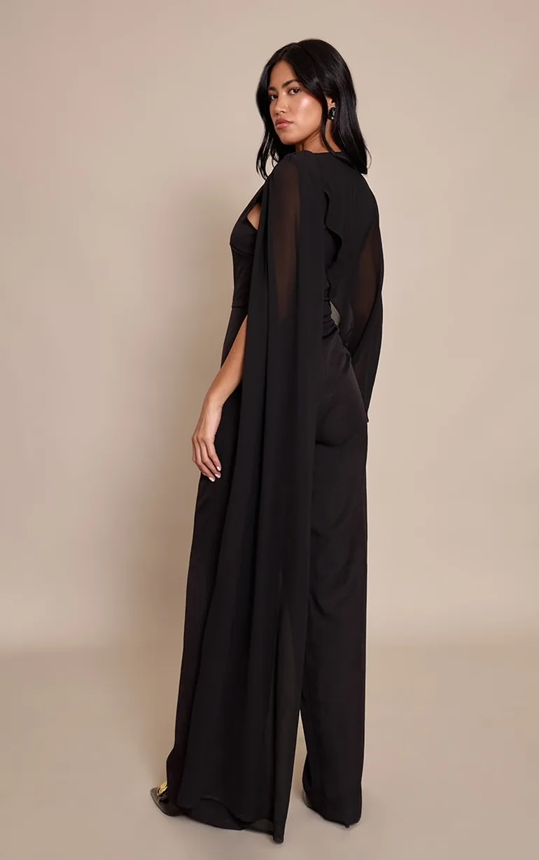 Black Chiffon Cape Detail Straight Leg Jumpsuit - 2