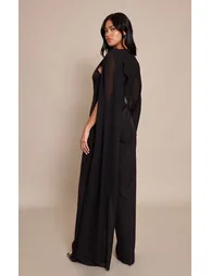 Black Chiffon Cape Detail Straight Leg Jumpsuit - 2