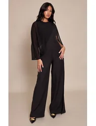 Black Chiffon Cape Detail Straight Leg Jumpsuit