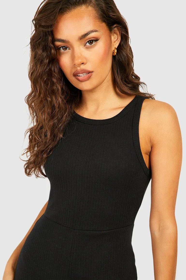 Cotton Rib Racer Neck Wide Leg Jumpsuit - black - 3
