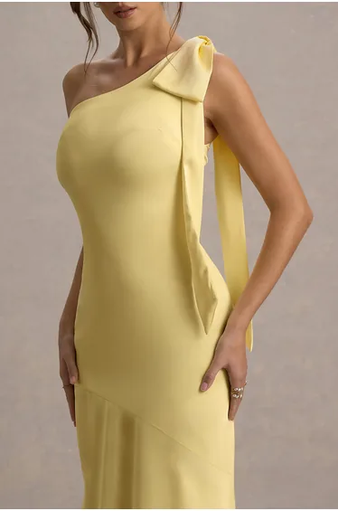 Here For Love | Lemon Satin Asymmetric Maxi Dress With Bow
