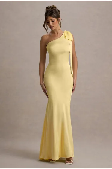 Here For Love | Lemon Satin Asymmetric Maxi Dress With Bow