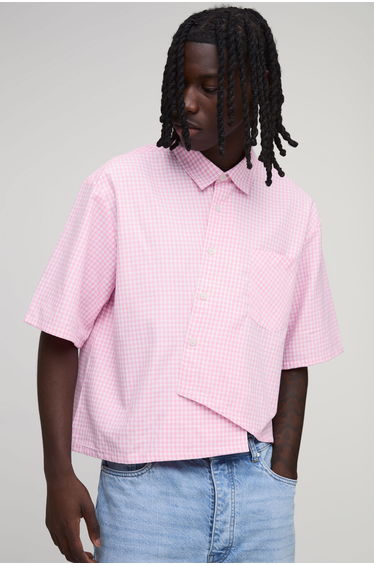 Oversized Boxy Asymmetric Gingham Shirt - pink