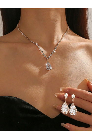 Embellished Necklace with Rhinestone Drop and Earrings set