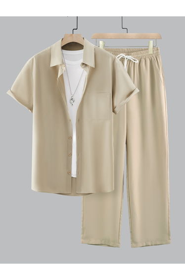Solid Spread Collar Short Sleeve Shirt and Trousers Co-Ords