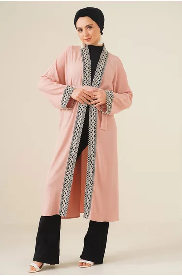 Knitted Long Kimono with Embroidery - Powder