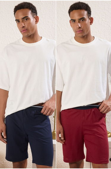 Navy Blue- Claret Red Regular Fit 2-Pack Knitted Shorts