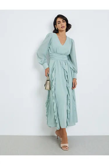 Women Green Ruffle Detail A-Line Midi Dress