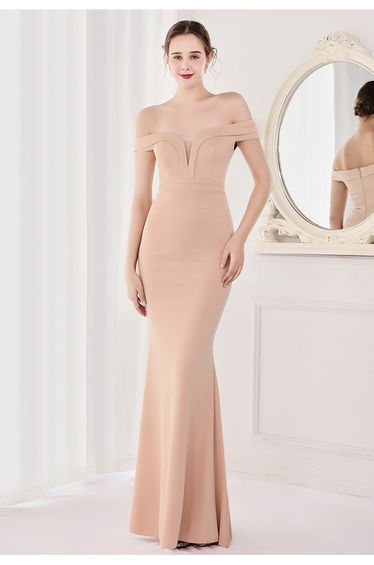 Off-Shoulder Mesh Inserted Satin Gown in Light Tan
