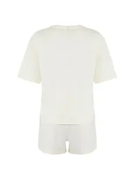Ekru 100% Cotton Coffee Printed Knitted Pajama Set with Shorts - 7