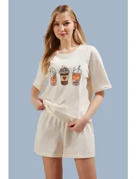 Ekru 100% Cotton Coffee Printed Knitted Pajama Set with Shorts