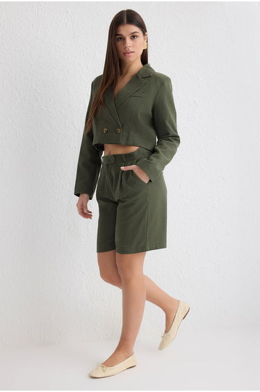 Khaki Linen Look Regular Length Woven Shorts & Bermuda