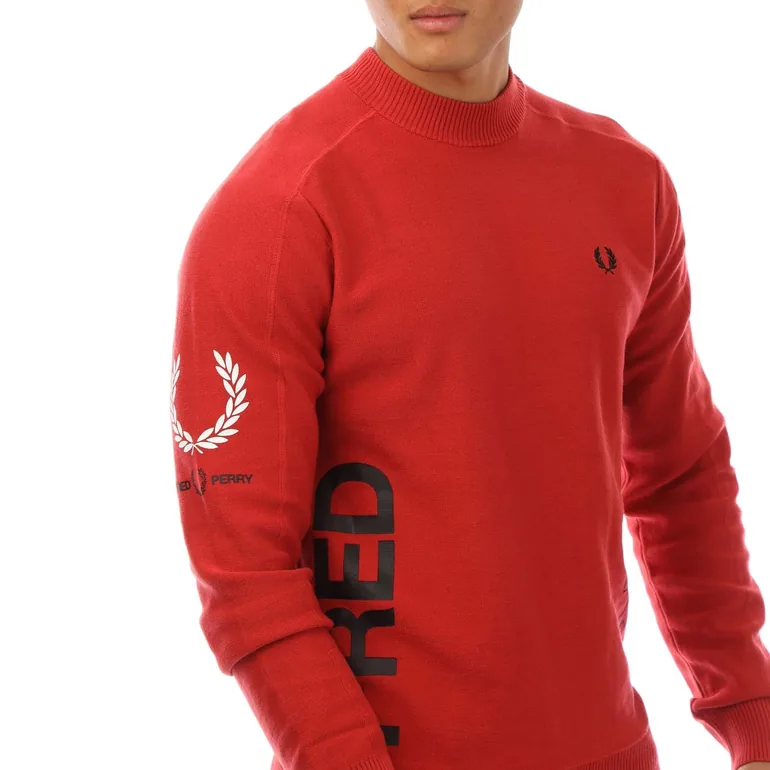 Men's Fred Perry Panelled Graphic Print Sweatshirt in Red - 1