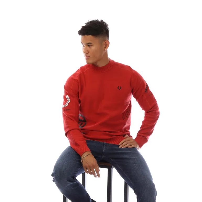 Men's Fred Perry Panelled Graphic Print Sweatshirt in Red - 3