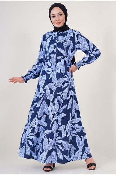 2145 Patterned Hijab Dress - A.Navy Blue