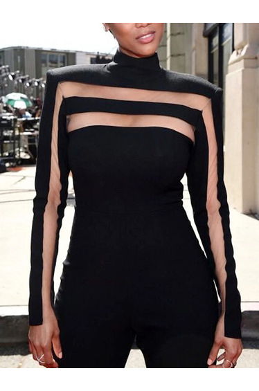 Long Sleeves Skinny Mesh Solid Color Split-Joint High Neck Tops