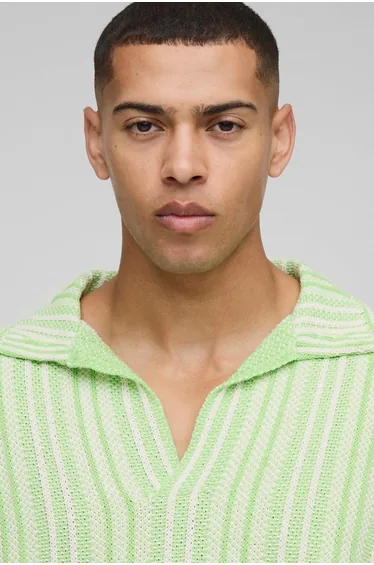 Oversized V Neck Stripe Knitted Polo - green