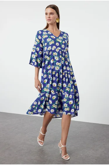 Blue Floral Patterned Wide Cut V-Neck Woven Dress