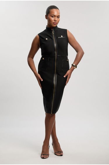 Plus Size Sleeveless Pu Tipped Military Bandage Midi Dress