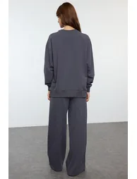 Anthracite Relaxed/Comfortable Fit Wide Leg/Wide Leg Knitted Sweatshirt/Bottom Tracksuit Set - 2