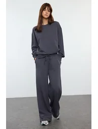 Anthracite Relaxed/Comfortable Fit Wide Leg/Wide Leg Knitted Sweatshirt/Bottom Tracksuit Set - 4