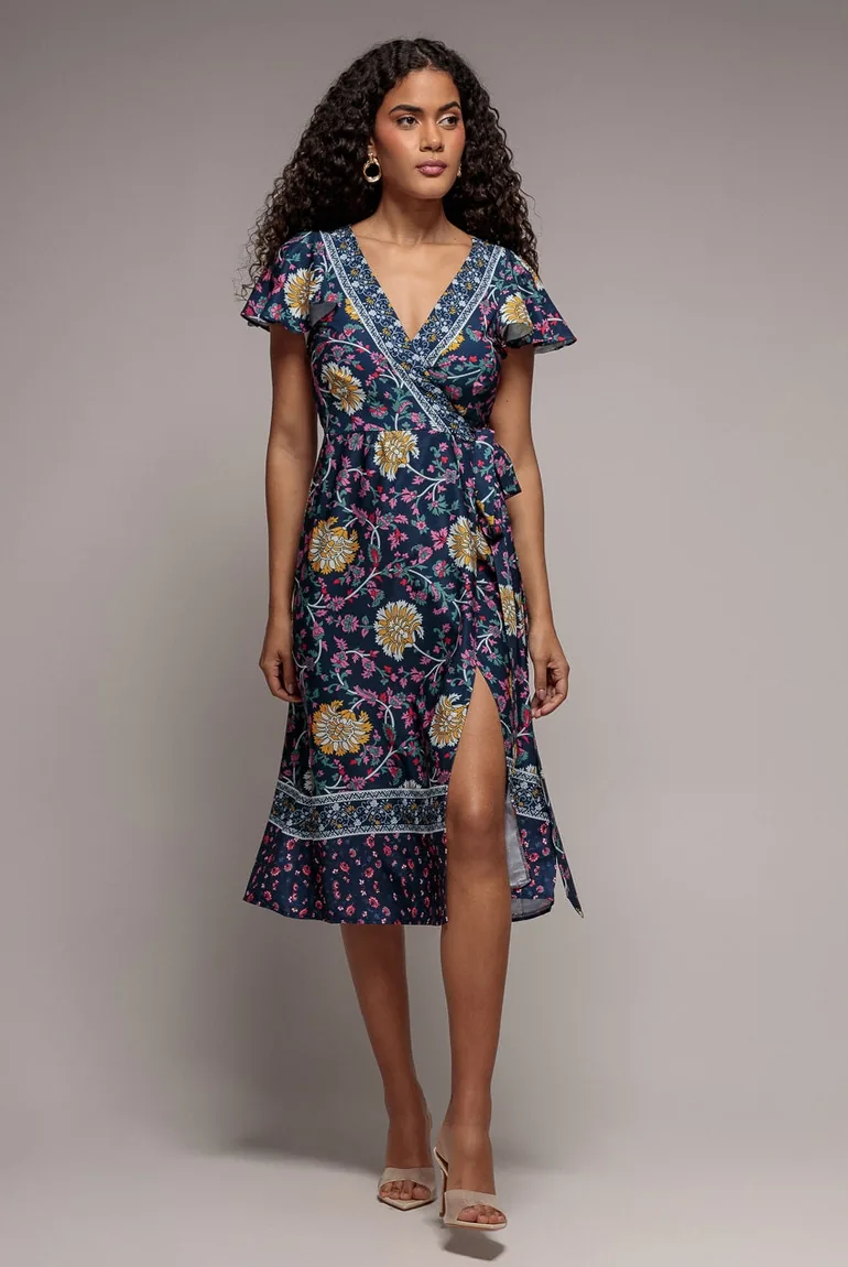 Floral Print Wrap Midi With Flutter Sleeves - Navy Print by Goddiva