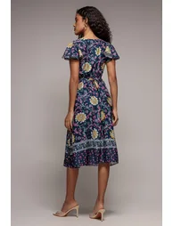 Floral Print Wrap Midi With Flutter Sleeves - Navy Print by Goddiva - 1